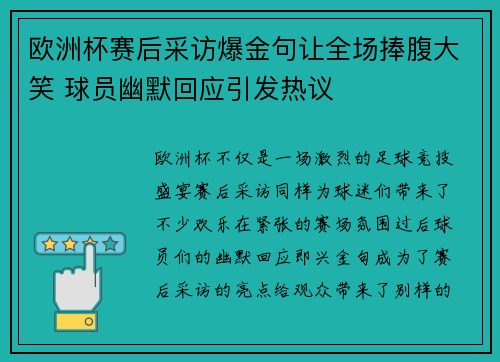 欧洲杯赛后采访爆金句让全场捧腹大笑 球员幽默回应引发热议 欧洲杯赛后采访爆金句让全场捧腹大笑 球员幽默回应引发热议