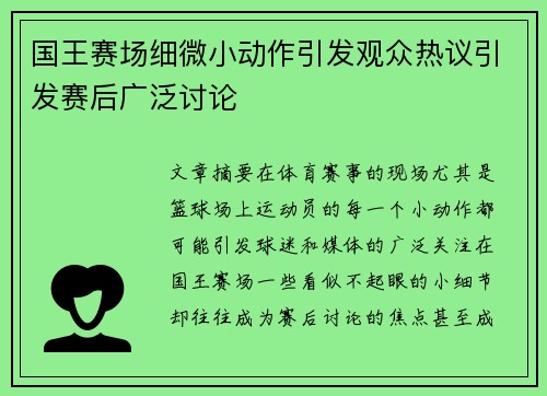 国王赛场细微小动作引发观众热议引发赛后广泛讨论