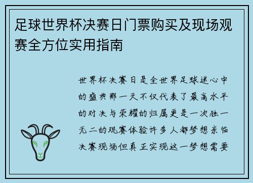 足球世界杯决赛日门票购买及现场观赛全方位实用指南