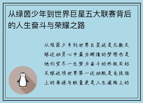 从绿茵少年到世界巨星五大联赛背后的人生奋斗与荣耀之路 从绿茵少年到世界巨星五大联赛背后的人生奋斗与荣耀之路