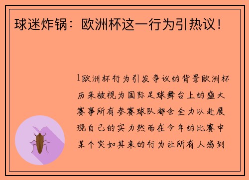 球迷炸锅：欧洲杯这一行为引热议！